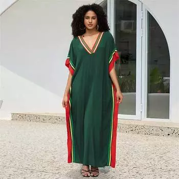 EDOLYNSA Темно-зеленый принтованный свободный женский халат-кафтан, наряд в стиле бохо для отдыха, купальник-накидка, домашняя одежда, кафтан, домашнее платье Q1615 One Size зелёный