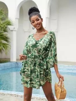 EDOLYNSA Туника из эластичной сетки с V-образным вырезом и кулиской в стиле бохо, рукавами «летучая мышь», праздничное пляжное платье 2023, летняя пляжная одежда, накидки на бикини One Size зелёный