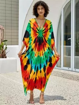 EDOLYNSA уютное пляжное платье больших размеров с принтом в стиле бохо, женское свободное кафтан с v-образным вырезом и рукавами «летучая мышь», домашний халат, купальный халат, накидка Q1618 One Size разноцветный
