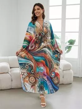 EDOLYNSA Уютный кафтан больших размеров в стиле бохо с принтом, купальник, накидка для женщин, летнее домашнее платье ручной вязки с V-образным вырезом и короткими рукавами, свободная пляжная одежда Q1588 One Size разноцветный