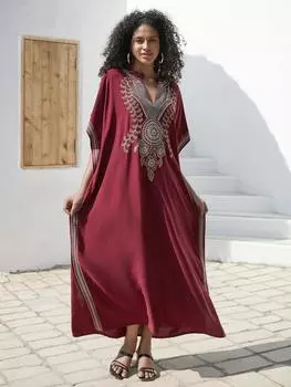 EDOLYNSA Винно-красный женский кафтан с вышивкой, длинное платье, наряд, мягкая одежда в стиле бохо для отдыха, непринужденная пляжная одежда, одежда для отдыха, платье Moo Moo Q1654 One Size разноцветный