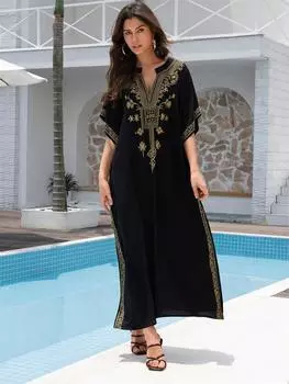 EDOLYNSA Винтажный свободный халат с золотой вышивкой 2024, женское черное длинное платье больших размеров, турецкий кафтан, пляжная одежда для отдыха, накидка для купальника One Size чёрный