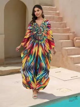 EDOLYNSA Винтажный женский кафтан с красочным принтом больших размеров, лето 2024, бохо с v-образным вырезом и рукавами «летучая мышь», сексуальные пляжные накидки, уютное домашнее платье Q1588 One Size разноцветный