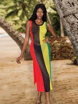 EDOLYNSA Вязаное крючком платье в полоску. Накидки на бикини 2024. Пляжное платье для женщин. Курортная одежда без рукавов. Плюс размер. Накидка для плавания. Шикарные вечерние платья. One Size разноцветный