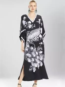 EDOLYNSA винтажное шикарное белое женское платье с принтом павлина с v-образным вырезом, черный кафтан, повседневное пляжное платье, свободный уютный халат, накидка на купальник One Size чёрный