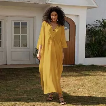 EDOLYNSA желтый женский кафтан длинное платье халат праздничная накидка рукава летучая мышь пляжное платье одежда для отдыха свободный кафтан Q1306 One Size жёлтый