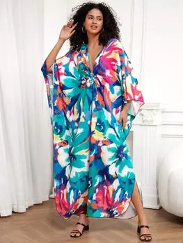 EDOLYNSA зеленое богемное длинное платье с принтом, женский халат, кафтан, домашний халат, одежда больших размеров, одежда для отдыха, пляжное платье Q1289 One Size разноцветный