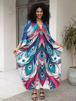 EDOLYNSA Зеленый богемный женский кафтан, непринужденное длинное платье, купальник, накидка, домашний халат, платье Moo Moo, пляжная одежда для отдыха One Size разноцветный