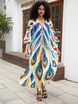 EDOLYNSA Зеленый богемный женский кафтан, расслабленное длинное платье, купальник, накидка, домашний халат Moo Moo Платье для отдыха на пляже Q1634 One Size разноцветный