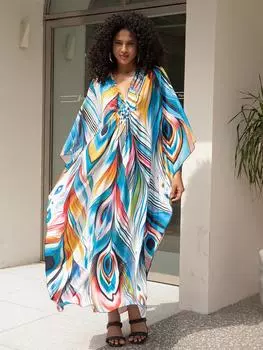EDOLYNSA Зеленый богемный женский кафтан, расслабленное длинное платье, купальник, накидка, домашний халат Moo Moo Платье для отдыха на пляже Q1634 One Size разноцветный