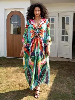 EDOLYNSA Зеленый богемный женский кафтан, расслабленное длинное платье, купальник, накидка, домашний халат, платье Moo Moo, одежда для отдыха и пляжа One Size разноцветный