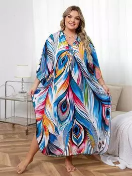 EDOLYNSA Зеленый богемный женский кафтан, расслабленное длинное платье, купальник, накидка, домашний халат Moo Moo Платье для отдыха на пляже Q1634 One Size разноцветный