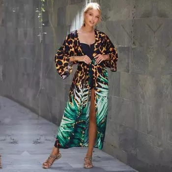 EDOLYNSA Зеленый купальник с леопардовым принтом, накидка в винтажную полоску с поясом, женское летнее длинное платье-кимоно, пляжное бикини, накидка Q1521 зелёный