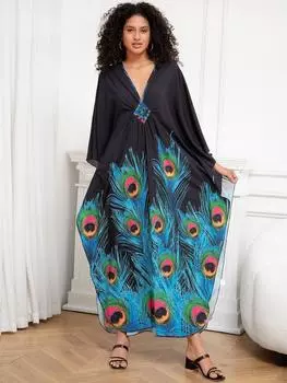 EDOLYNSA Зеленый принт в богемном стиле с павлиньим принтом, свободный отпускной халат, стильный халат, одежда для отдыха, пляжное платье, легкая куртка Q1289 One Size разноцветный