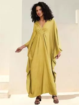 EDOLYNSA желтый женский кафтан длинное платье халат праздничная накидка рукава летучая мышь пляжное платье одежда для отдыха свободный кафтан Q1306 One Size жёлтый