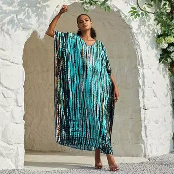 EDOLYNSA женские кафтан больших размеров в полоску с принтом тай-дай, кафтан, купальник, пляжное платье макси, свободный халат с разрезом по бокам Q1218 One Size синий