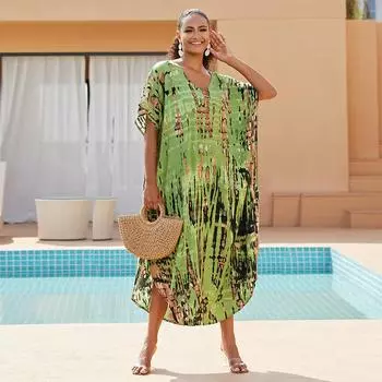 EDOLYNSA женские турецкие кафтаны, пляжные платья макси, кафтаны с этническим принтом в полоску и принтом, большие размеры, свободная одежда для дома, топы Q1218 One Size зелёный
