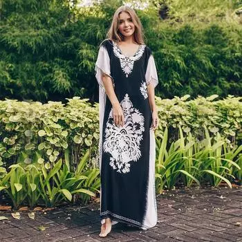 EDOLYNSA Женский кафтан больших размеров с v-образным вырезом и этническим принтом, кафтан с крыльями летучей мыши, пляжное платье макси с разрезом по бокам, купальник, прикрытие, платья для гостей свадьбы Q979 One size чёрный