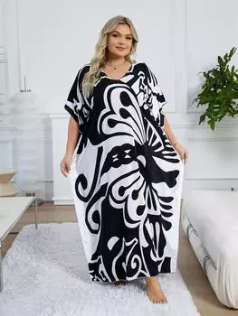 EDOLYNSA свободного покроя черное женское платье-кафтан с цветочным принтом, рукавами «летучая мышь» и V-образным вырезом, повседневное платье Moo Moo, домашняя одежда, пляжная одежда Q752 One Size белый/чёрный