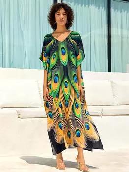 EDOLYNSA Женский кафтан большого размера с принтом в стиле бохо, зеленый свободный халат 2024 года, летняя праздничная одежда для отдыха, пляжное платье, купальник, накидка Q1674 One Size зелёный