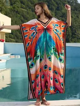 EDOLYNSA Женский кафтан с принтом бабочки и павлина больших размеров 2024, V-образный вырез, свободное пляжное платье с разрезом по бокам, купальный костюм, домашний халат Q1674 One Size разноцветный