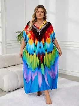EDOLYNSA Женский кафтан в богемном стиле с красочным халатом, свободное платье больших размеров Moo Moo, свежее платье, длинное платье для отпуска, наряд Q1594 One Size разноцветный