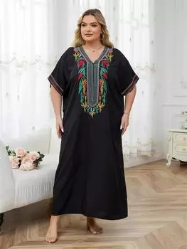 EDOLYNSA женский свободный черный кафтан красочный вышитый халат с v-образным вырезом и короткими рукавами пляжное платье макси купальник прикрытие богемные платья Moo Moo One Size чёрный