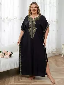 EDOLYNSA Женский свободный черный кафтан с золотой вышивкой, пляжная одежда, купальник, домашняя одежда, богемное пляжное платье Q1656 One Size чёрный