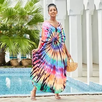 EDOLYNSA Женский турецкий кафтан с принтом, пляжная одежда, бикини, накидка, платье макси, платья-кафтаны больших размеров, рукава «летучая мышь», бикини, купальный костюм, накидки Q1218 One Size разноцветный