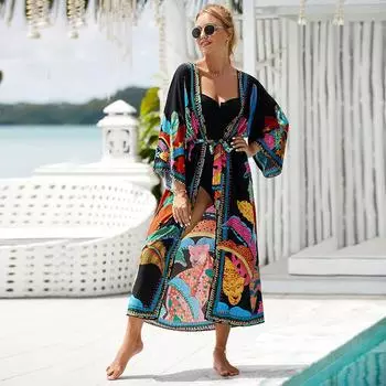 EDOLYNSA женское бикини-кимоно кардиганы длинный купальный костюм с принтом накидки для купальников большие размеры домашняя одежда с поясом Q1512 One Size разноцветный