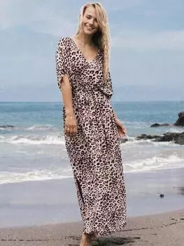 EDOLYNSA женское длинное платье с v-образным вырезом и леопардовым принтом, туника, кафтан, бикини, халат, мягкий стильный универсальный купальник, накидка, Q1128 One Size коричневый