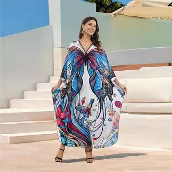 EDOLYNSA Женское кафтан больших размеров, синее платье с v-образным вырезом и рукавами «летучая мышь», 2024, летние каникулы, пляжная одежда, купальник, накидка One Size разноцветный