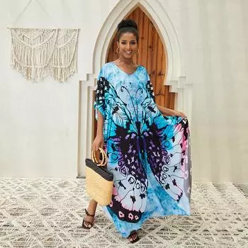 EDOLYNSA женское кафтан с принтом бабочки пляжное платье плюс размер купальник накидка с рукавами «летучая мышь» бикини купальный костюм накидки летний наряд Q1546 One Size синий