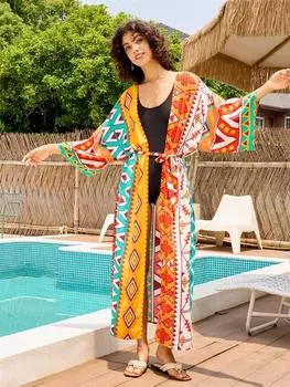 EDOLYNSA женское кимоно с богемным принтом больших размеров с поясом, сексуальный купальник, накидки, домашний халат, халат для отпуска, пляжной вечеринки, наряд Q1414 One size разноцветный