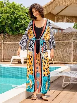 EDOLYNSA женское кимоно с леопардовым принтом больших размеров с поясом, сексуальный купальник, накидки, домашний халат, отпуск, вечерние халат в стиле бохо, наряд Q1414 One size разноцветный
