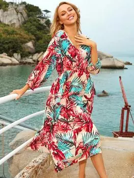 EDOLYNSA Женское красное пляжное накидка с цветочным принтом, кафтан, купальник, купальный костюм, пляжная одежда, туника, праздничное пляжное платье Q1203 One Size красный