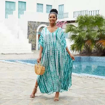 EDOLYNSA женское летнее платье макси с коротким рукавом и V-образным вырезом, повседневное свободное длинное пляжное платье с разрезом, одежда для дома больших размеров, кафтан, купальник, прикрытие Q1218 One Size светло-синий