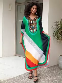 EDOLYNSA Женское платье-кафтан больших размеров, лето 2024, многоцветный принт с v-образным вырезом и рукавами «летучая мышь», пляжная одежда, купальный костюм, уютное домашнее платье One Size разноцветный
