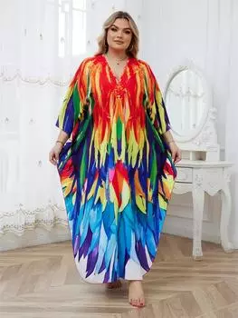 EDOLYNSA Женское платье-кафтан больших размеров, наряды в стиле бохо, красочный принт с v-образным вырезом, домашний халат с разрезом, летняя пляжная одежда, купальный костюм, накидка Q1588 One Size разноцветный