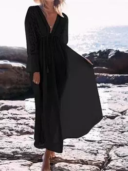 EDOLYNSA Женское пляжное длинное платье Купальники Туники Кафтан Пляжное платье Пляжная одежда Накидки Robe De Plage Saida De Praia Q274 One Size чёрный