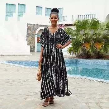 EDOLYNSA женское пляжное платье-кафтан с принтом и коротким рукавом, большие размеры, накидки на купальный костюм, макси-платья, кафтаны с v-образным вырезом и принтом в полоску Q1218 One Size чёрный