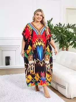 EDOLYNSA женское праздничное повседневное пляжное платье с богемным принтом, свободный кафтан с v-образным вырезом и рукавами «летучая мышь», удобное стильное платье Moo Moo One Size красный