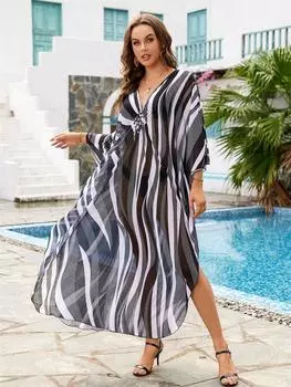 EDOLYNSA женское стильное кафтан большого размера пляжное платье макси свободное бикини с рукавами летучая мышь накидка с v-образным вырезом шифоновые длинные топы пляжная одежда One Size чёрный