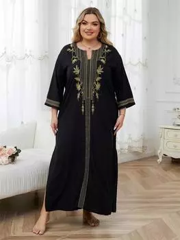 EDOLYNSA Золотая вышивка Женское черное платье-кафтан большого размера Домашний халат Домашняя одежда с V-образным вырезом и длинными рукавами Одежда для отдыха Пляжная накидка Q1659 One Size чёрный