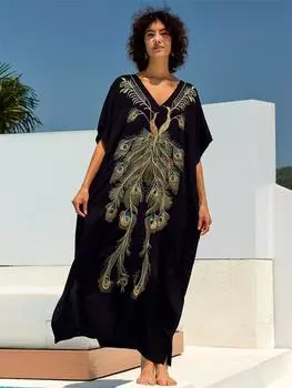 EDOLYNSA Золотое платье с вышивкой пером Феникса плюс размер черный кафтан 2024 летние каникулы женская одежда для отдыха свободный халат купальник прикрытие Q1689 One size чёрный