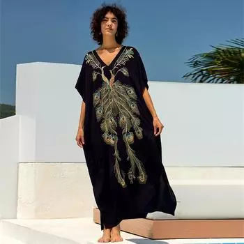 EDOLYNSA Золотое платье с вышивкой пером Феникса плюс размер черный кафтан 2024 летние каникулы женская одежда для отдыха свободный халат купальник прикрытие Q1689 One size чёрный