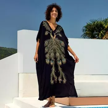 EDOLYNSA Золотое платье с вышивкой пером Феникса плюс размер черный кафтан 2024 летние каникулы женская одежда для отдыха свободный халат купальник прикрытие Q1689 One size чёрный