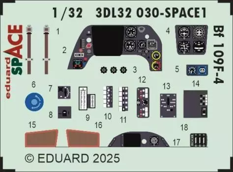 Eduard Space Interior 3D Decal Parts Set Plastic Model Decal EDU3DL32030 1/32 Bf109F-4 с травлением (для Хасэгавы) (Самолет)