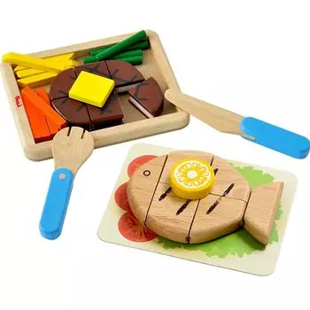 Edute limited guidebook included Wooden toy Educational toy Play house Pretend play VOILA Main dish Steak Fish Side dish Knife Fork Vegetable Birthday
