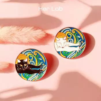 Ее лаборатория | Милый кот, эмалированная круглая брошь, значок на булавке, одежда, шляпа, декор для рюкзака, ювелирные изделия унисекс
